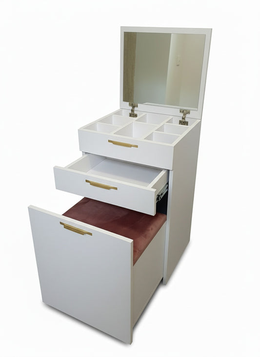 მაკიაჟის მაგიდა სარკით და დარბილებული სკამით